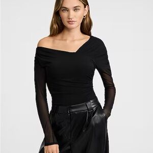 Express Mesh Asymmetrical Off the Shoulder Long Sleeve Ruched Bodysuit size XS